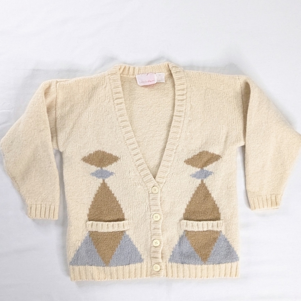 VTG Cream Tan Blue Triangles Wool Button Up V Neck Cardigan Academia Revival